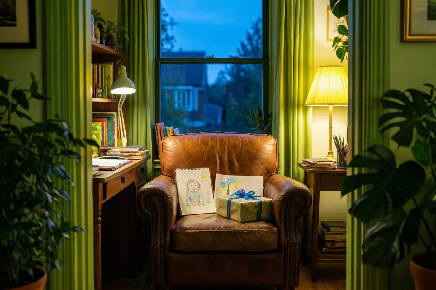 Door een deuropening is een bruine leren zetel met een kindertekening en een ingepakt cadeau te zien in een warm verlichte studeerkamer met groene gordijnen, boekenkasten en planten.