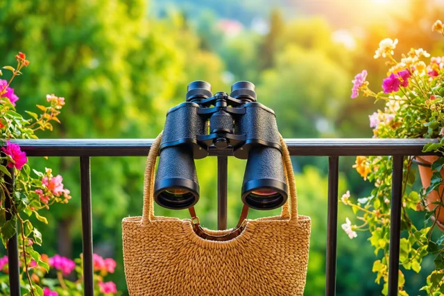 Een zwarte verrekijker en een gevlochten strooien tas hangen aan een donkere metalen balkonleuning, met zonnig groen en kleurrijke bloemen erachter.