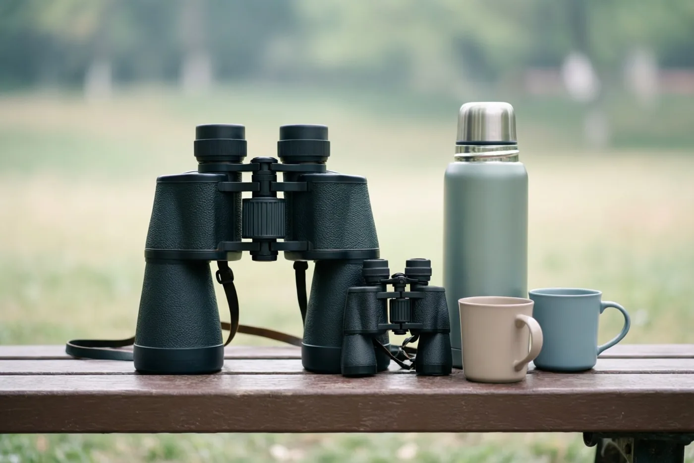 Een grote en een kleine zwarte verrekijker liggen op een houten bank naast een lichtgroene thermos, een beige mok en een lichtblauwe mok, met onscherp groen op de achtergrond.