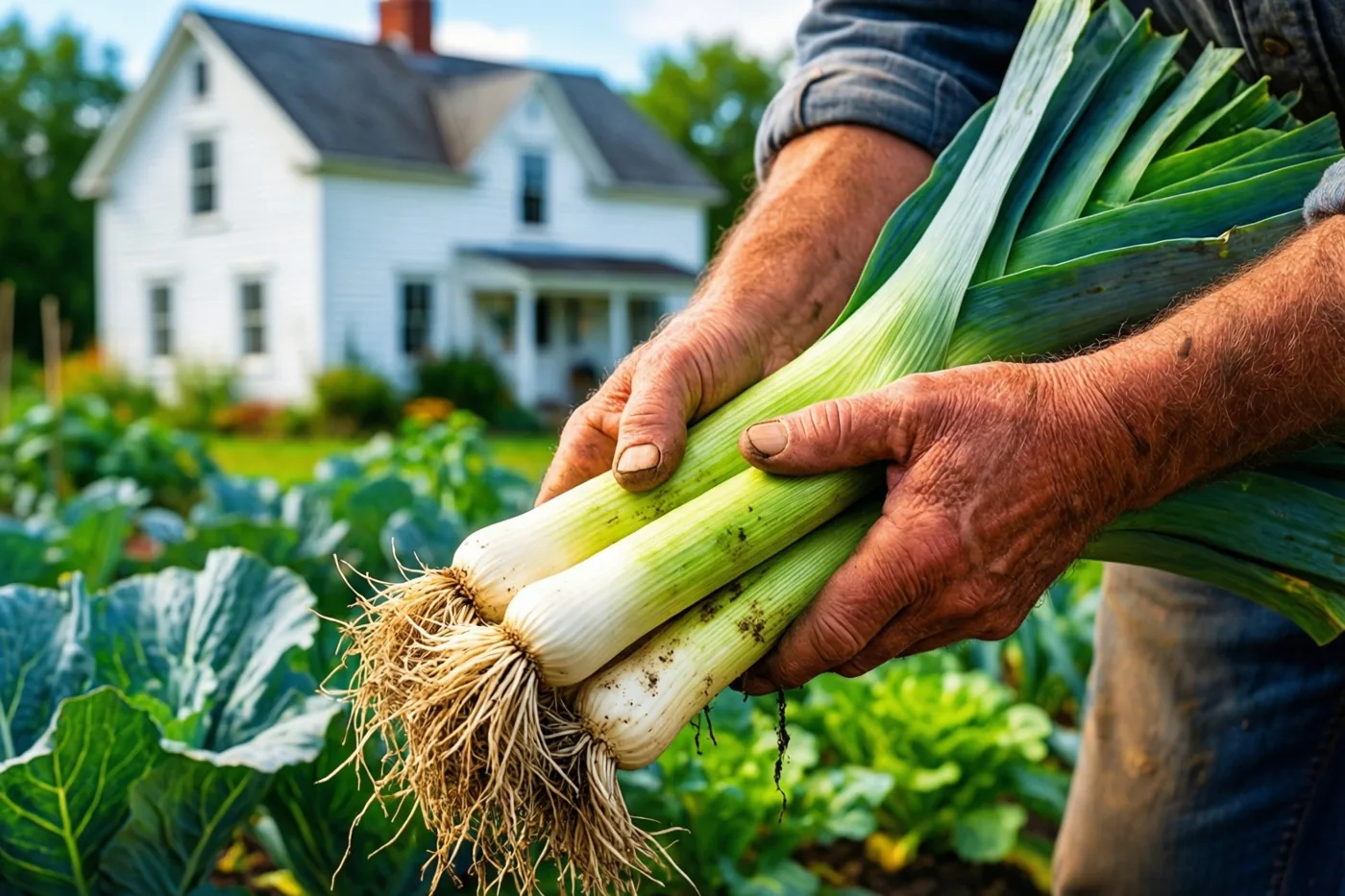 Doorleefde handen houden vers uitgetrokken prei vast in een groene moestuin, met een witgekalkte hoeve op de achtergrond.