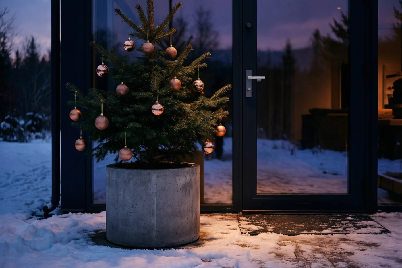 Een klein dennenboompje met koperen kerstballen staat in een betonnen plantenbak in de sneeuw naast een glazen deur, met een paarse schemerlucht en warm licht van binnen.