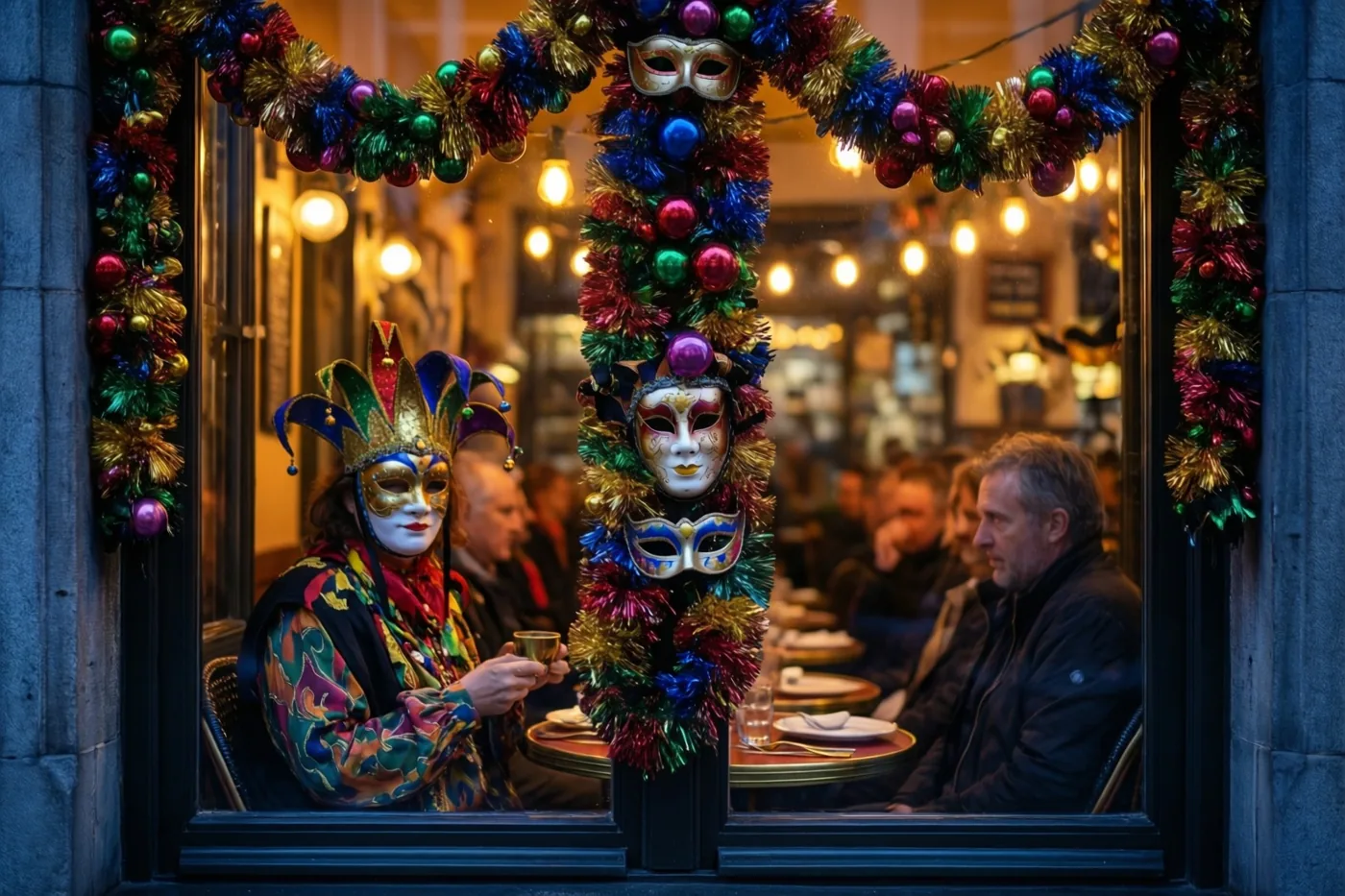Een caféraam met rode, blauwe en gouden slingers en maskers biedt zicht op gasten in een warm verlicht interieur.