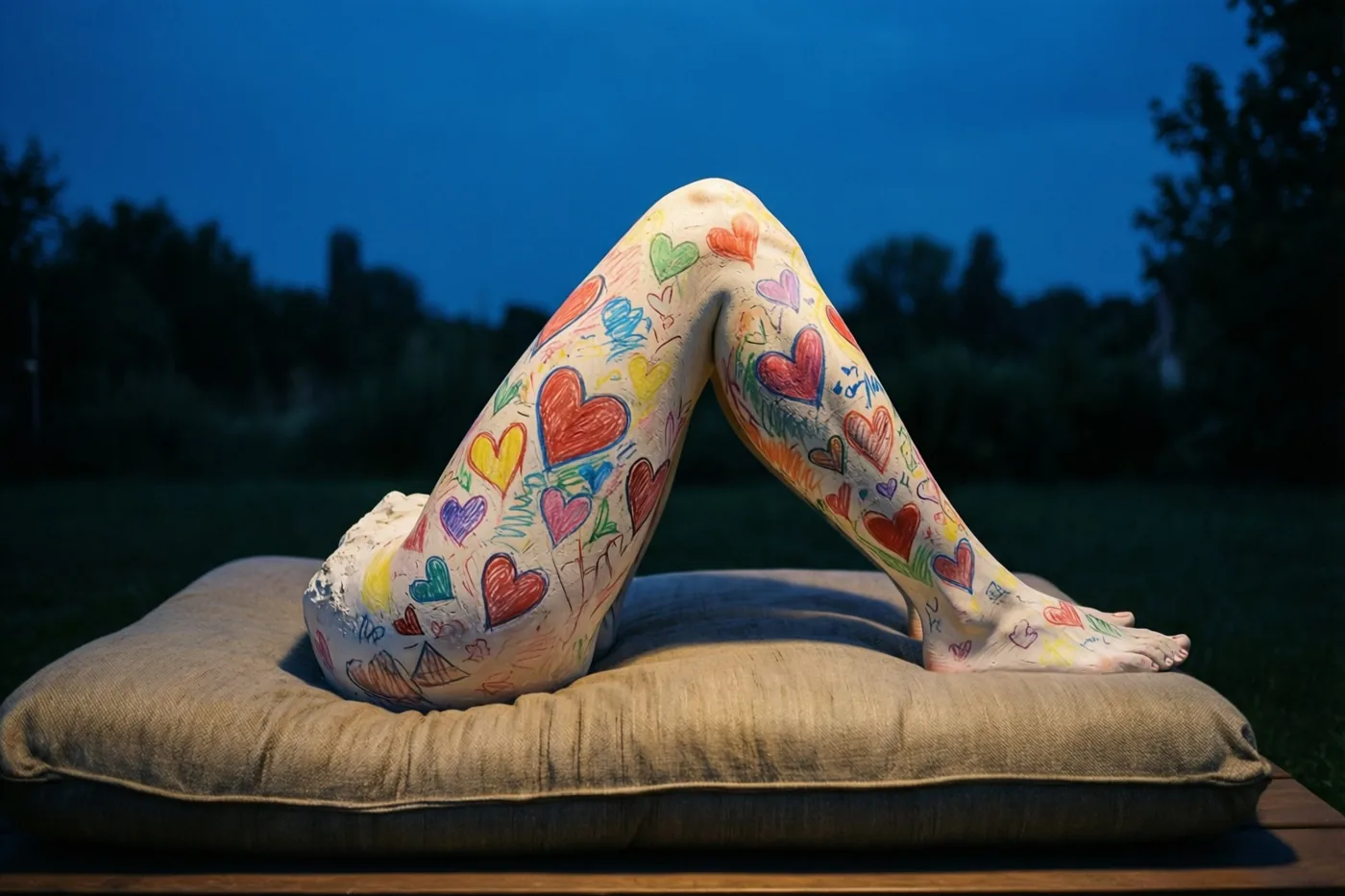 Een been in het gips met kleurrijke hartjes en tekeningetjes ligt buiten op een kussen bij schemering, met een donkerblauwe lucht en onscherp groen op de achtergrond.
