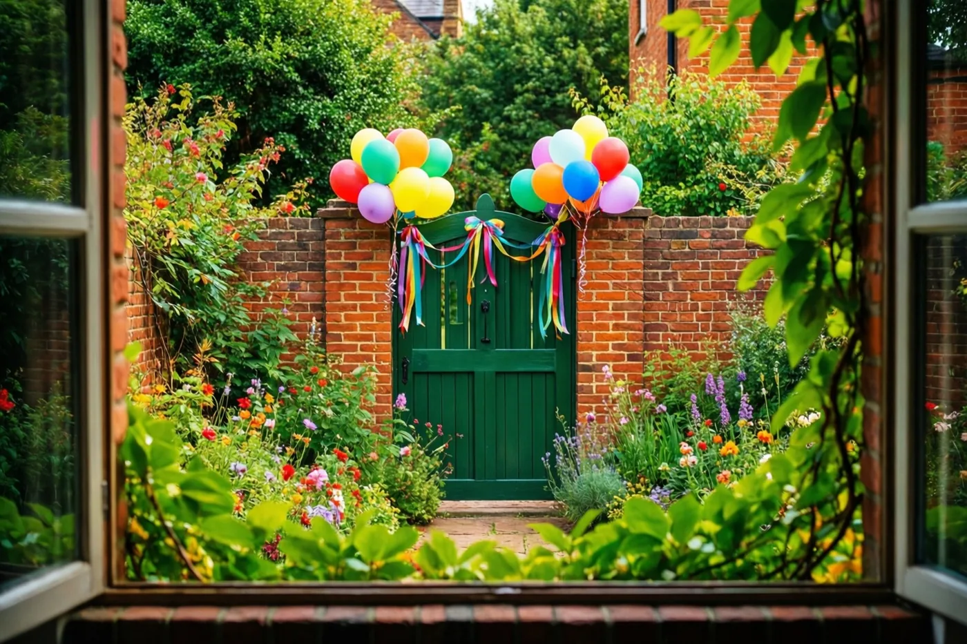 Door een open raam is een groen tuinhek in een bakstenen muur te zien, versierd met kleurrijke ballonnen en linten, tussen groen en bloeiende bloemen in helder daglicht.