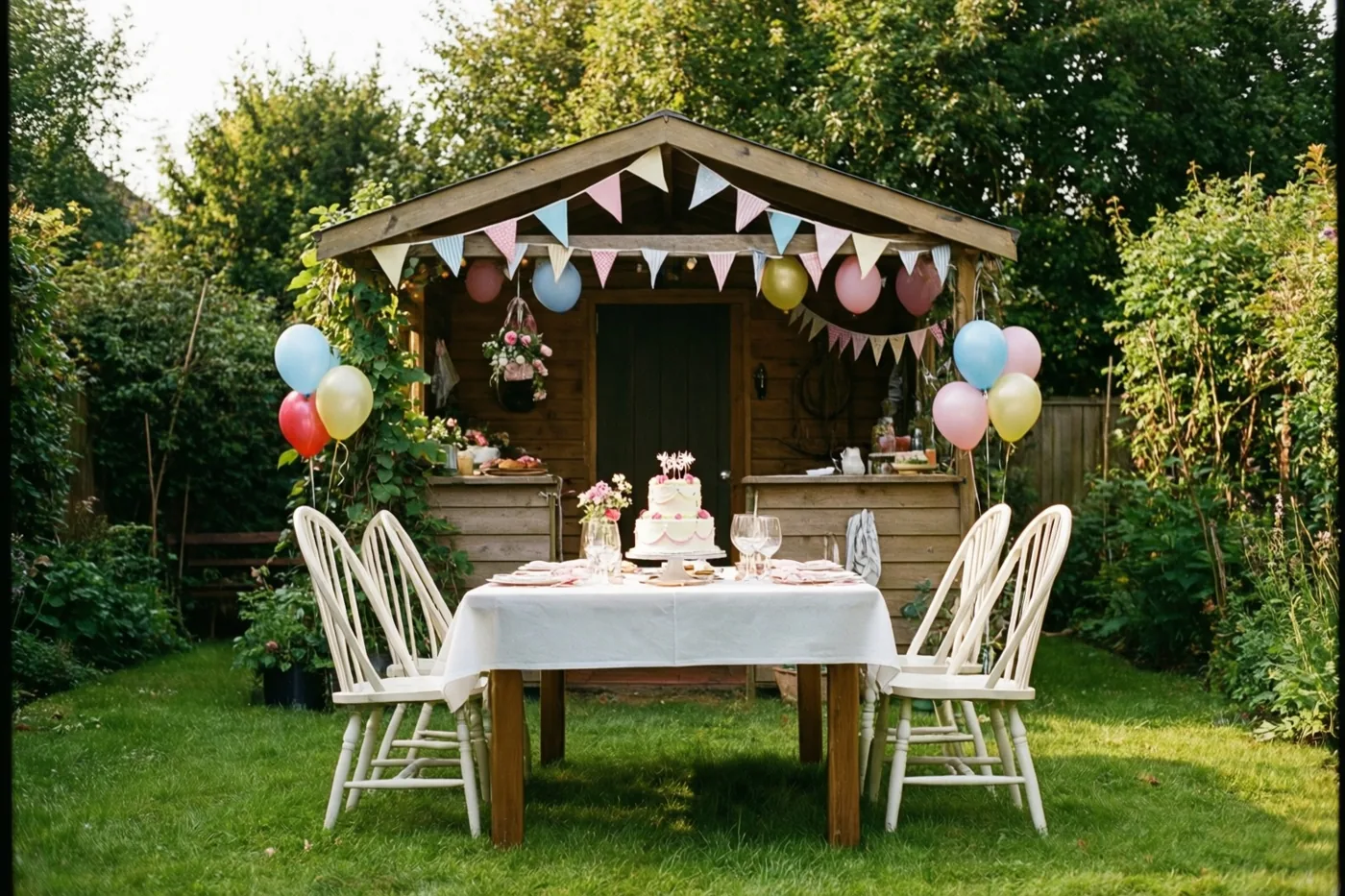 Een tuinhuis met kleurrijke vlaggetjes en ballonnen staat in een weelderige groene tuin, met een tafel op het gazon in zacht licht en pasteltinten.