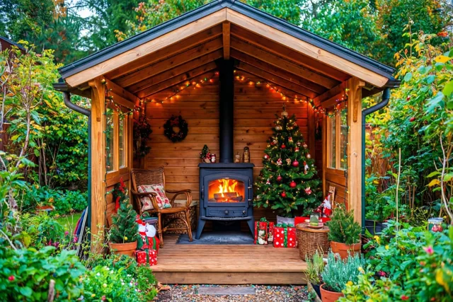 Een houten tuinhuis met een brandende houtkachel, lichtslingers en een klein versierd boompje staat tussen weelderig groen en feestelijke versiering.
