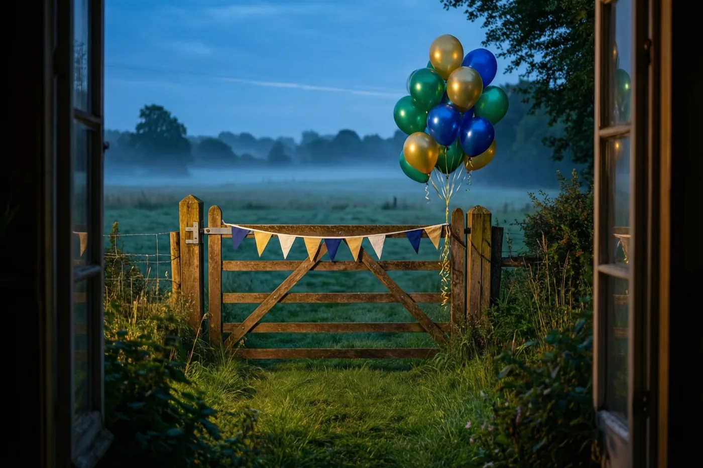 Door een open raam is een houten weidehek met vlaggetjes en ballonnen te zien, met daarachter een mistige wei in blauwe en groene tinten.