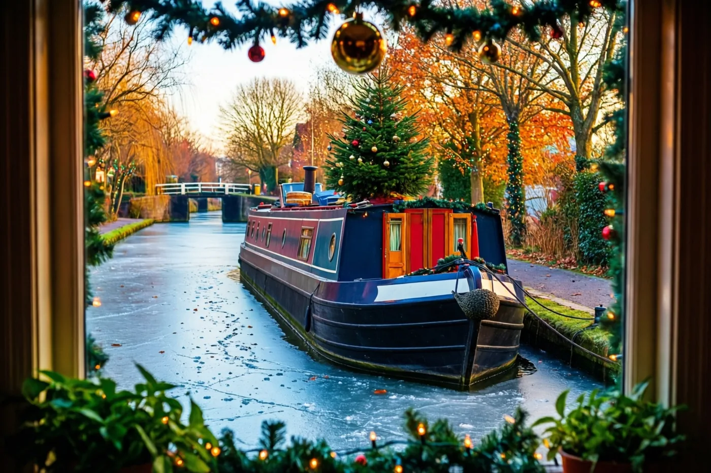 Door een raam met feestelijke slingers en lichtjes is een aangemeerde binnenvaartboot met een klein dennenboompje en kerstlichtjes op een bevroren kanaal te zien, met herfstbomen en een brug op de achtergrond.