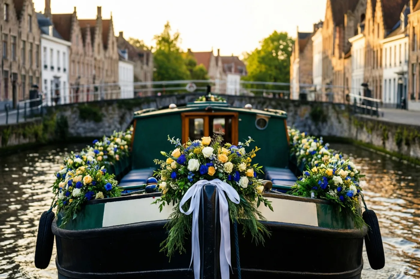 Een boot met bloemstukken en witte linten drijft in een kanaal tussen historische Vlaamse gebouwen, van voren gezien in warm gouden licht.
