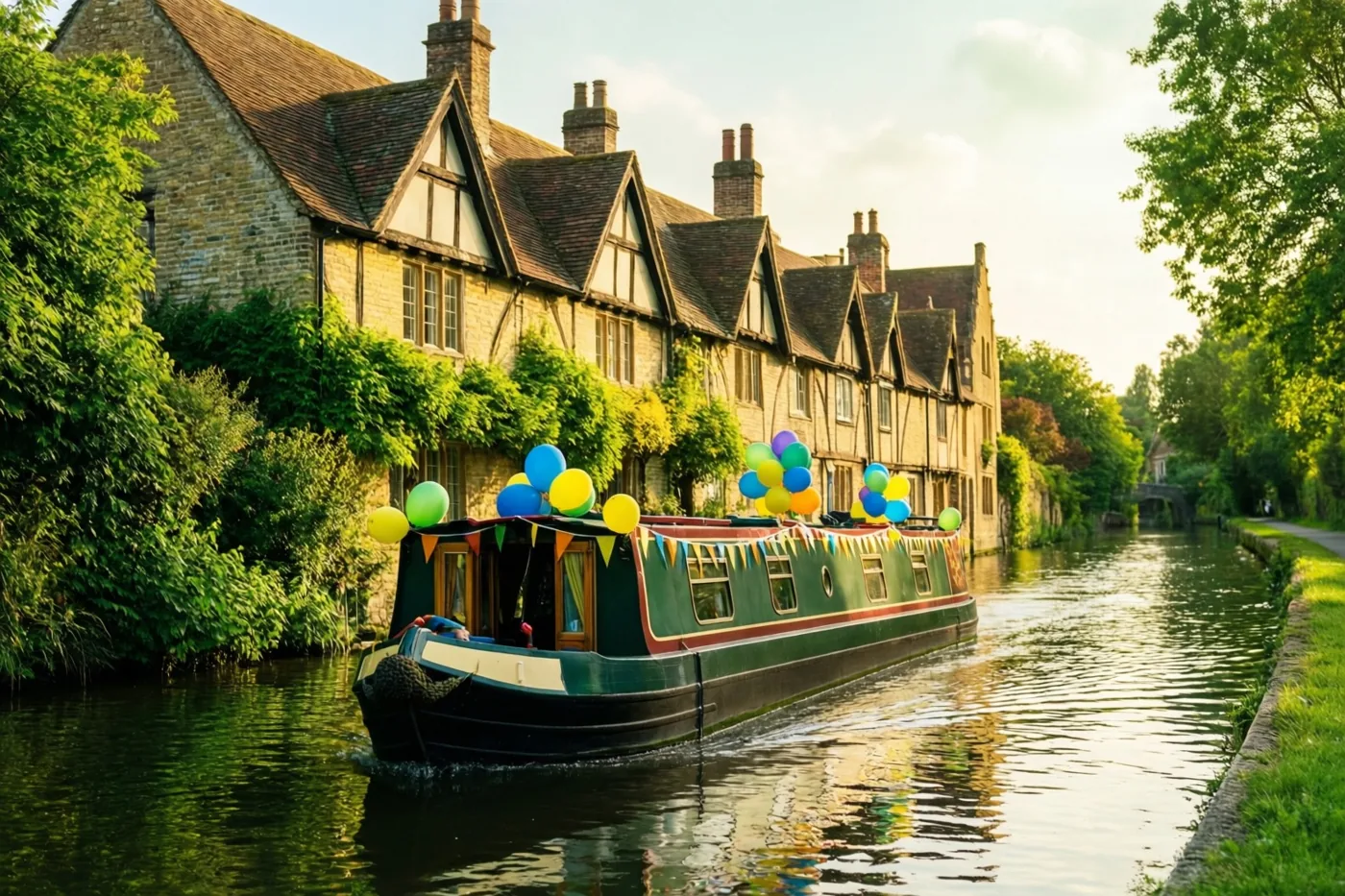 Een boot met ballonnen en vlaggetjes vaart over rustig water langs historische stenen gebouwen met trapgevels, onder een heldere hemel met groen aan beide oevers.