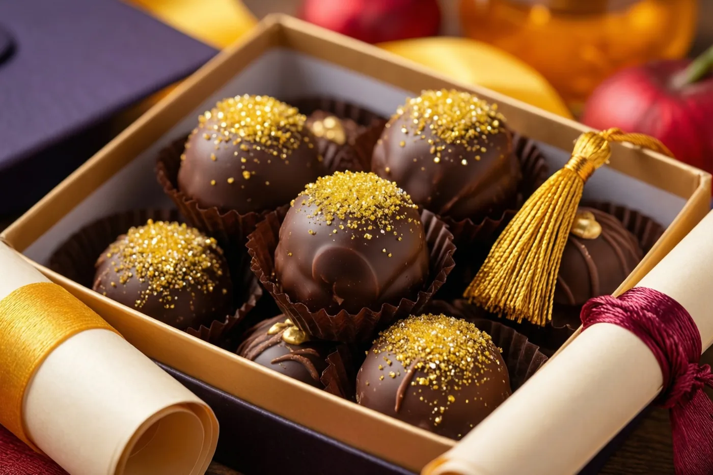 Een open doos chocoladetruffels met gouden suikerstrooisel en kleine gouden kwastjes staat op hout naast een opgerold diploma met een rood lint, in warm licht met feestelijke versiering op de achtergrond.
