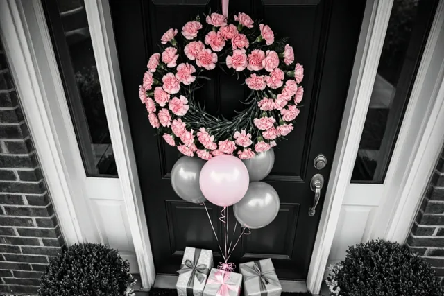 Aan een zwarte deur hangen een krans van roze anjers en ballonnen, met ingepakte cadeaus op de drempel en roze en zilveren kleuraccenten in de foto.