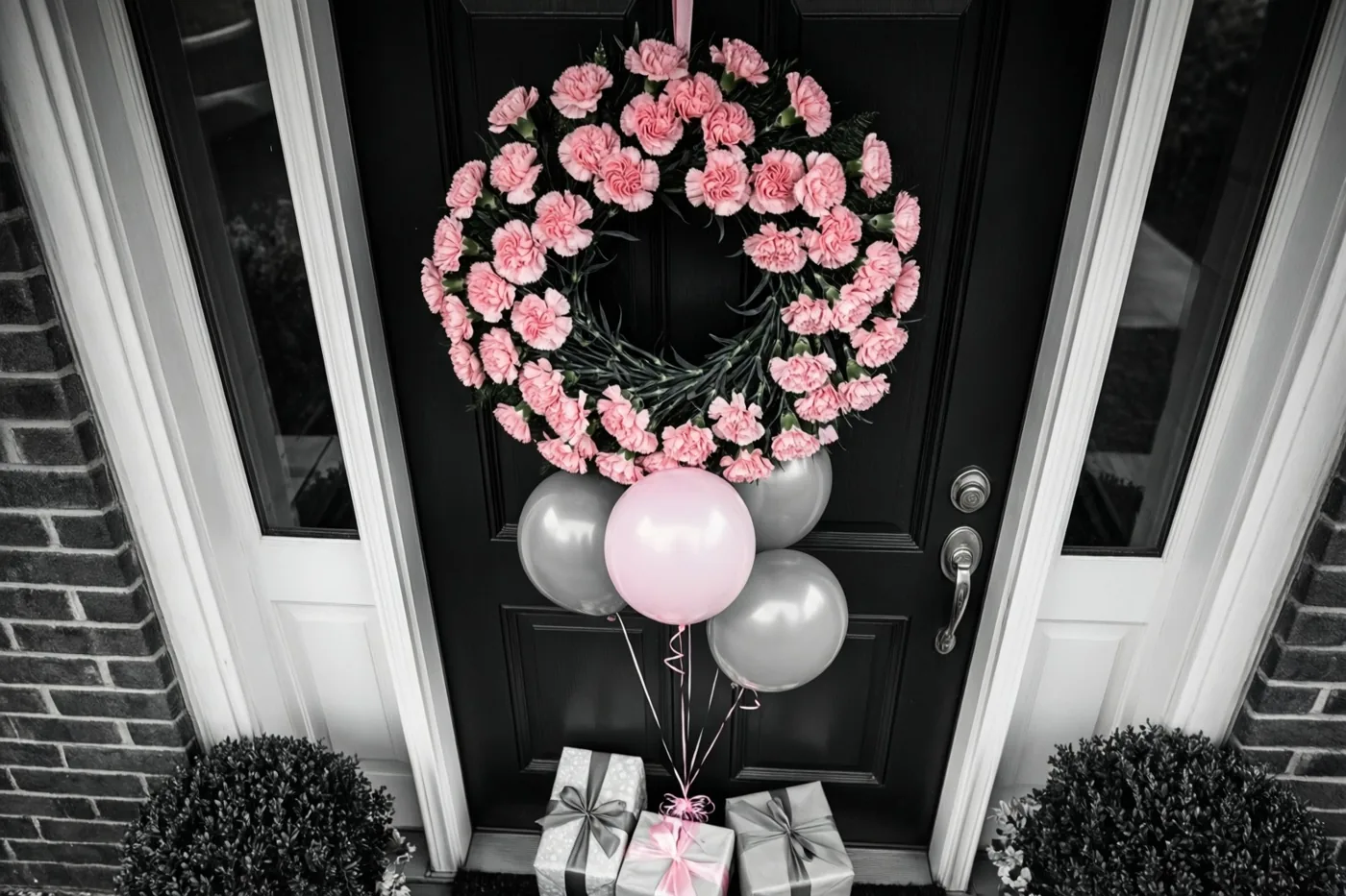 Aan een zwarte deur hangen een krans van roze anjers en ballonnen, met ingepakte cadeaus op de drempel en roze en zilveren kleuraccenten in de foto.