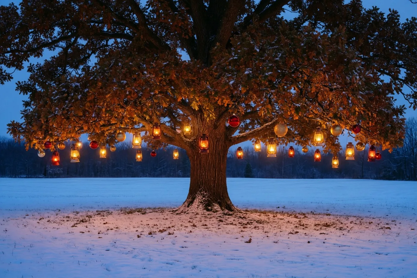 Een grote eik met brandende kerstlantaarns en versieringen staat in een sneeuwveld, met warm oranje en geel licht tegen een blauwe schemerhemel.