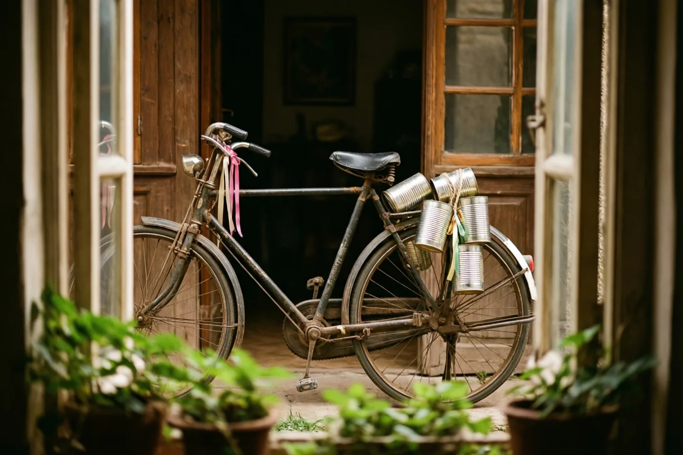 Door een raamkozijn met potplanten op de voorgrond is een oude fiets in een deuropening te zien, met linten aan het stuur en een sliert blikken aan de bagagedrager.