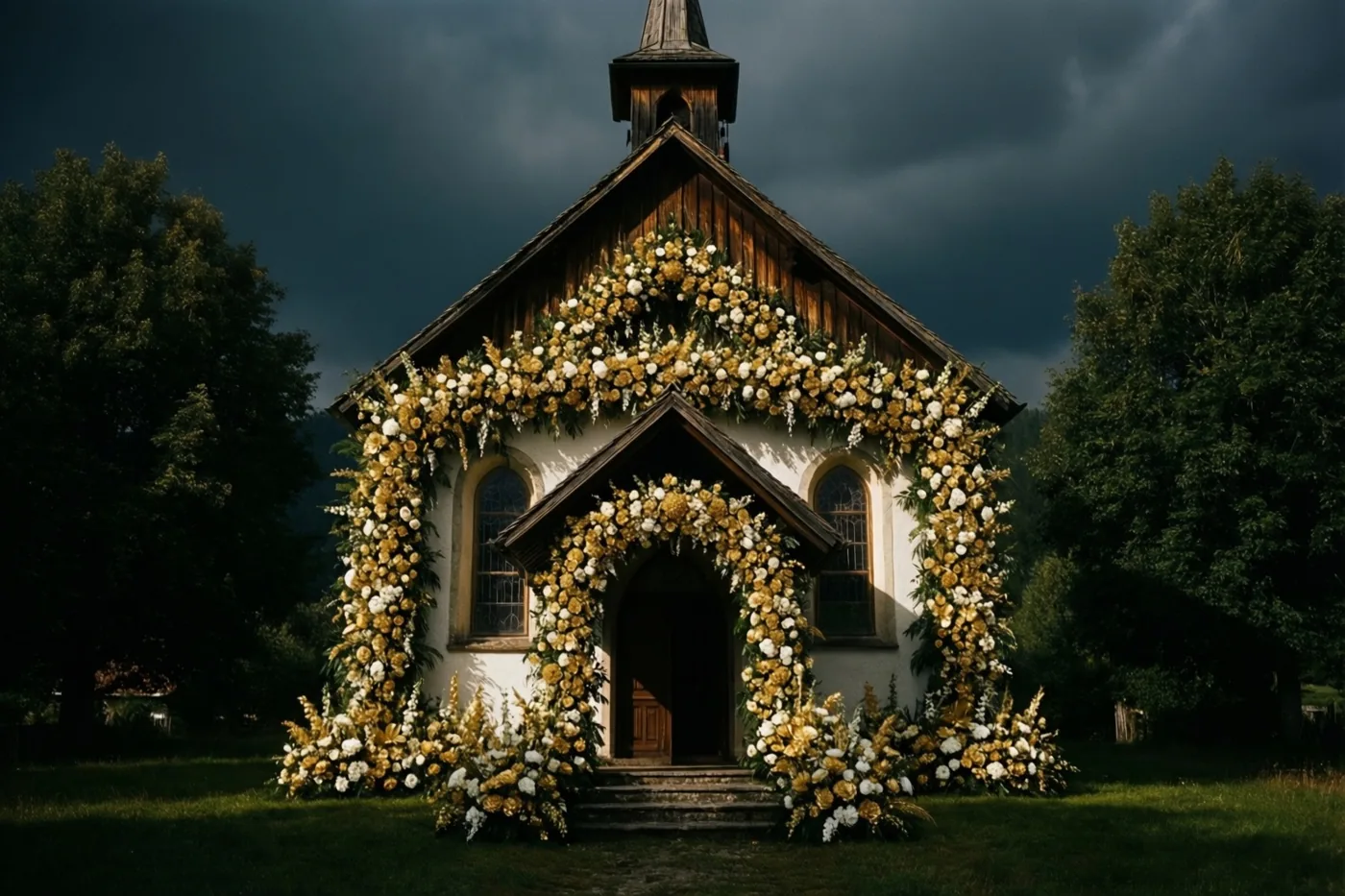 Een kleine dorpskerk met weelderige gouden en witte bloemstukken rond de ingang en de dakrand staat tussen groene bomen onder een donkere, dreigende lucht.
