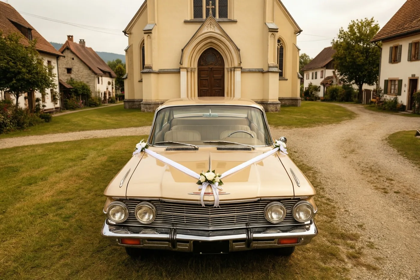 Een crèmekleurige auto uit de jaren zestig met witte linten en bloemen staat op gras voor een gele dorpskerk, met traditionele huizen en een grindpad eromheen.