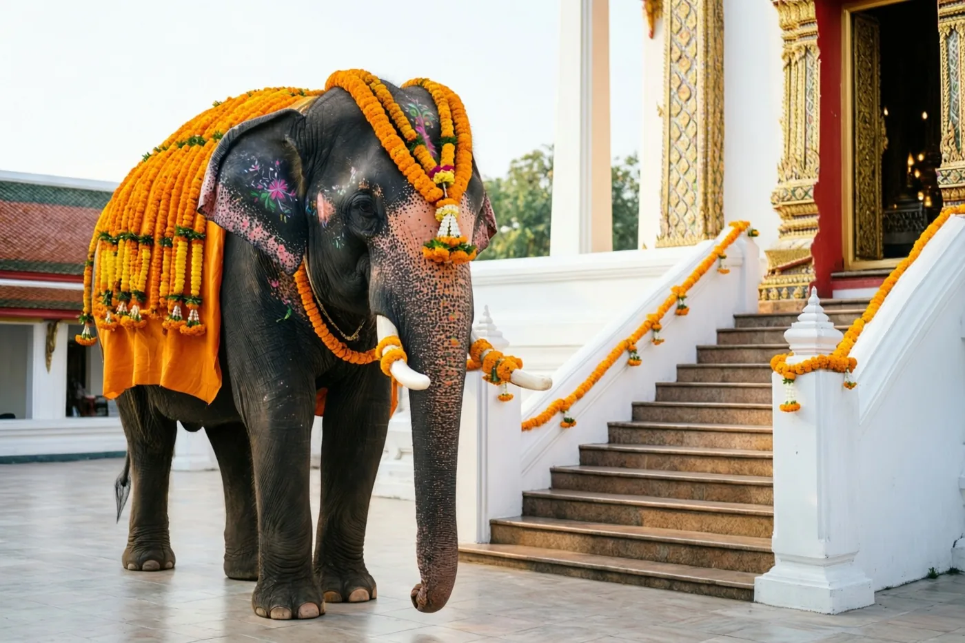 Een olifant met oranje bloemenslingers en geschilderde patronen staat naast de trappen van een witte en gouden tempel onder een heldere hemel.