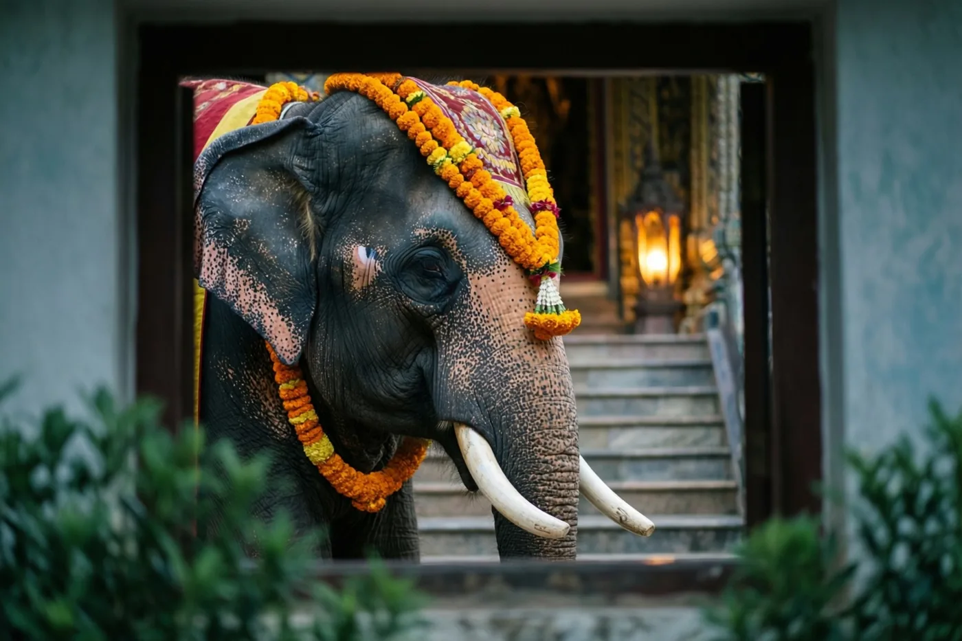 Een olifant met oranje bloemenslingers en geschilderde patronen staat in een deuropening, met verlichte tempeltrappen erachter en groene bladeren op de voorgrond.
