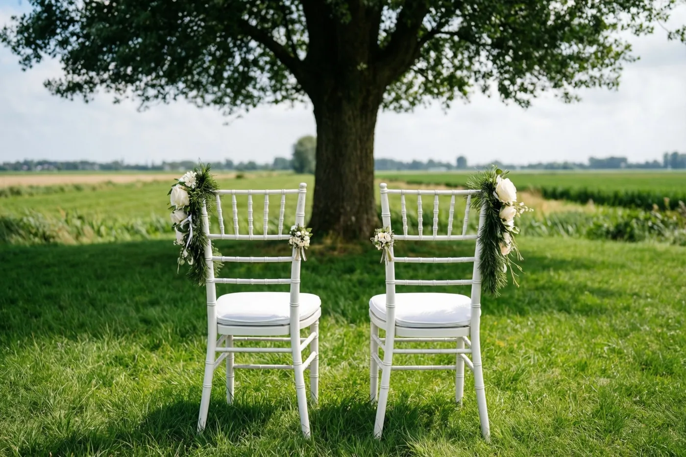 Twee witte stoelen met bloemenslingers staan op groen gras onder een grote boom in een helder polderlandschap.