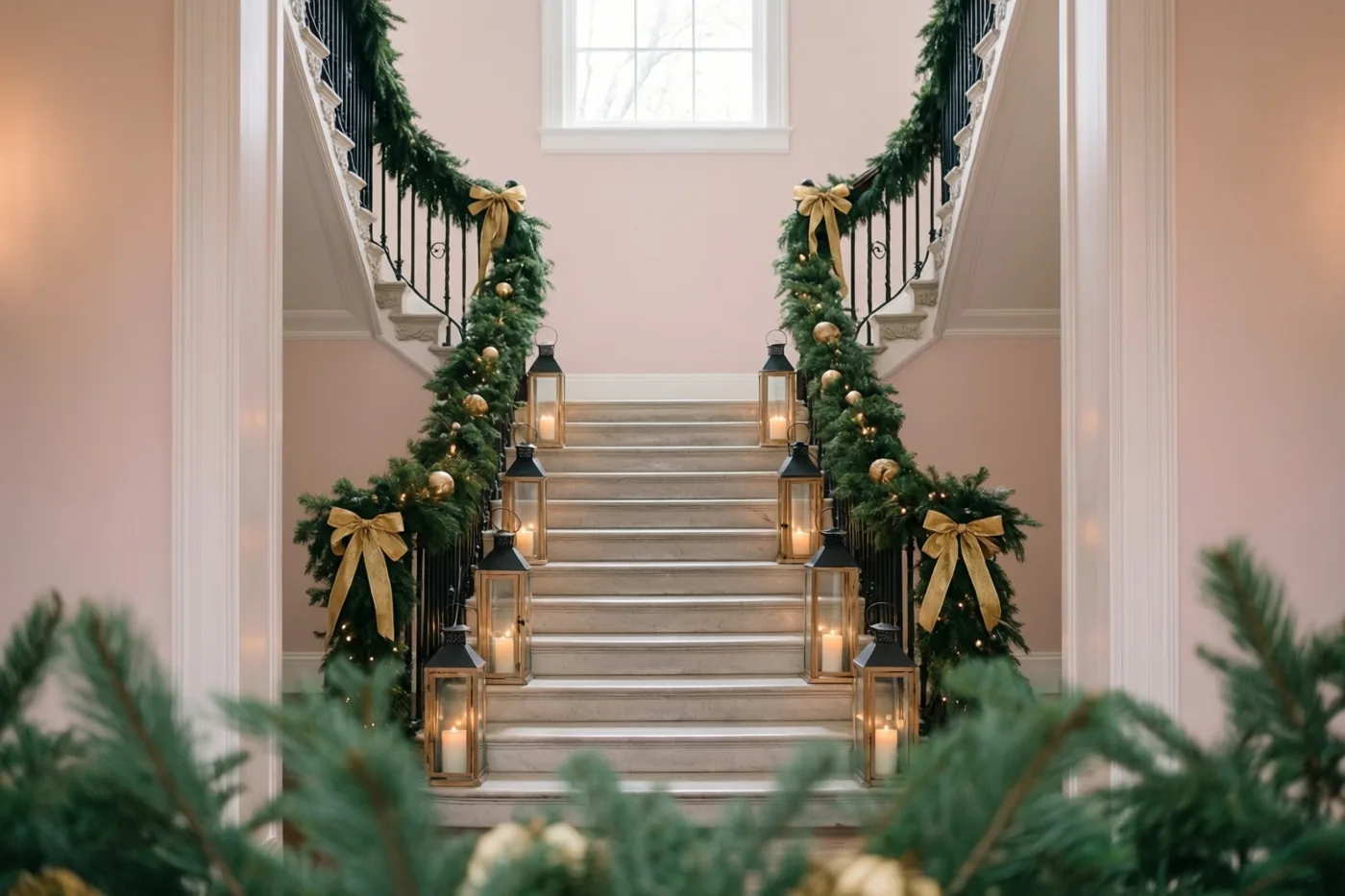 Een statige trap met een dennenslinger, gouden linten en kaarslantaarns op de treden staat in een interieur met roze muren en witte afwerking.
