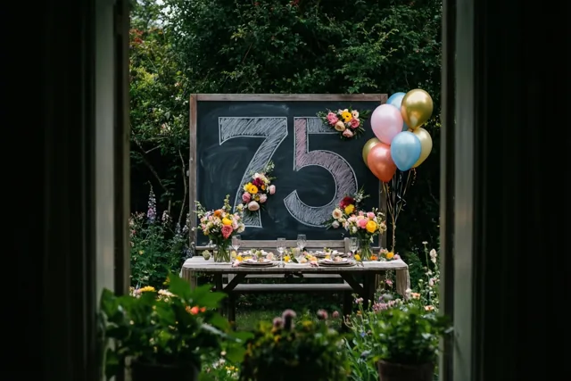 Door een deuropening is een tuintafel met een groot krijtbord met 75, bloemen en ballonnen te zien, omgeven door weelderig groen.