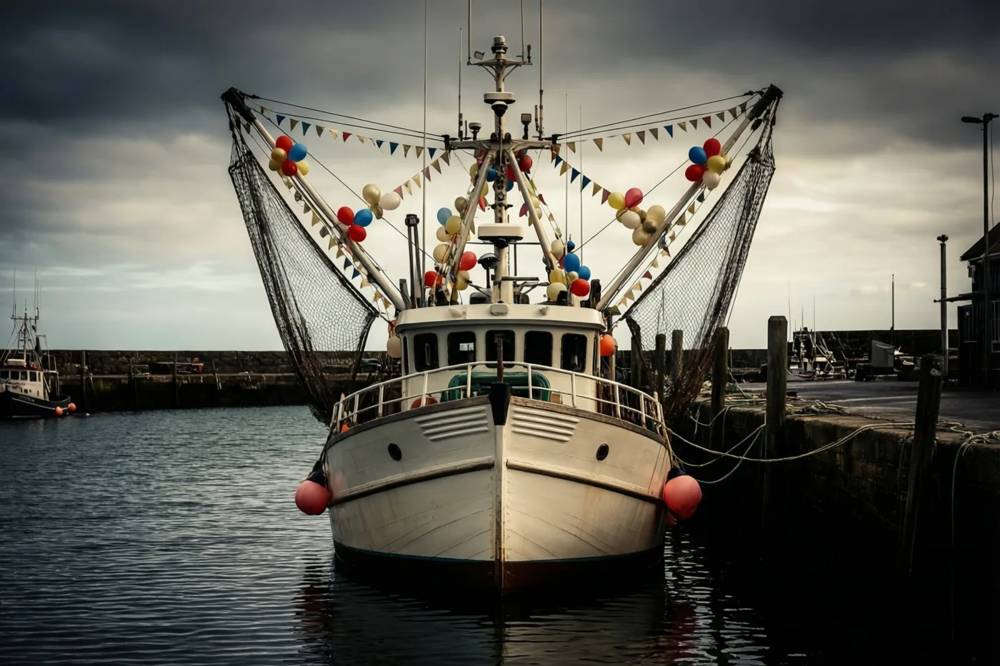Een vissersboot met kleurrijke ballonnen en driehoekige vlaggetjes aan de tuigage ligt onder een dreigende wolkenlucht in een haven en weerspiegelt in het donkere water.