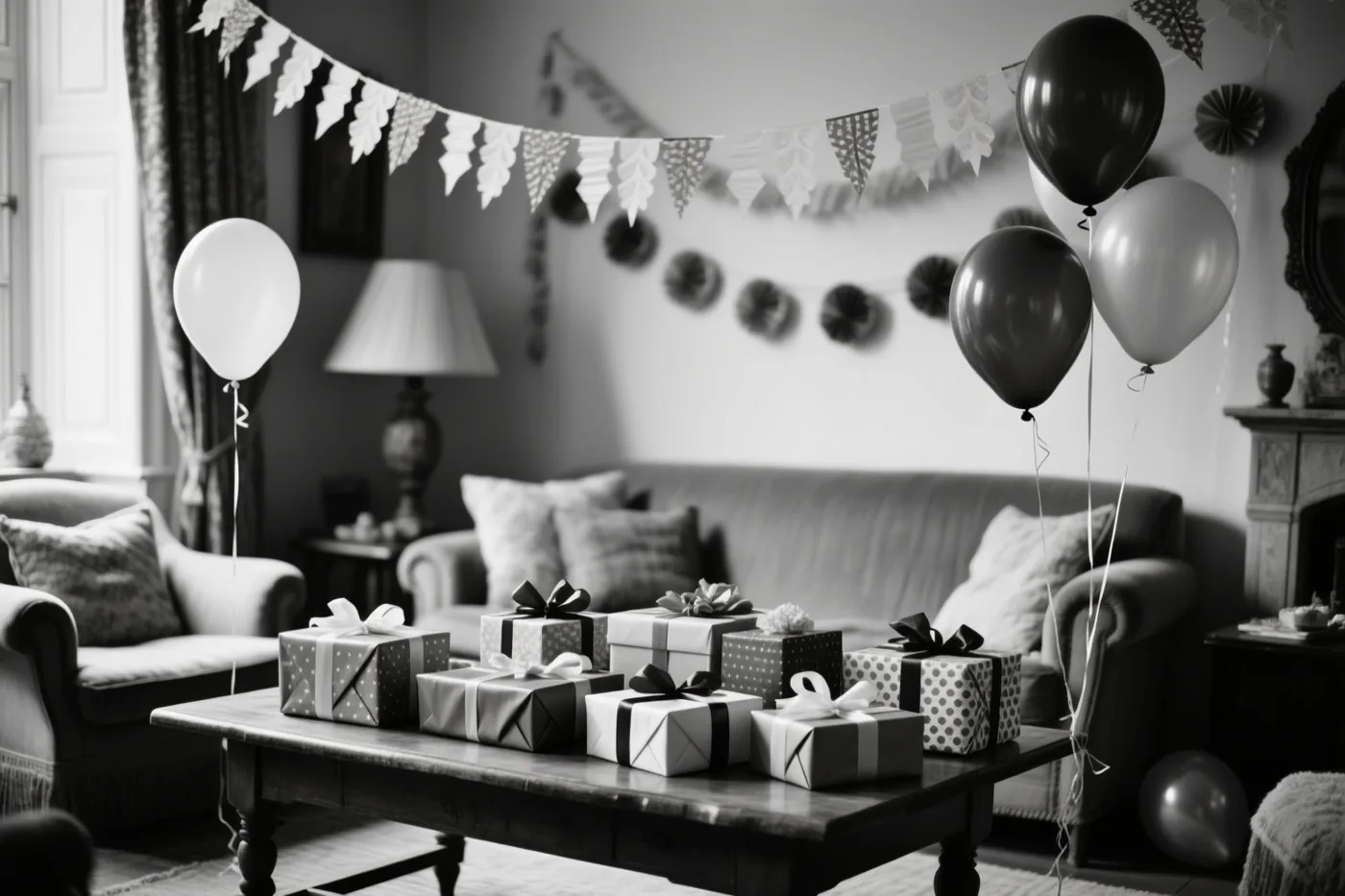 Een zwart-witfoto toont een woonkamer met ingepakte cadeaus op een houten salontafel, papieren slingers en ballonnen.