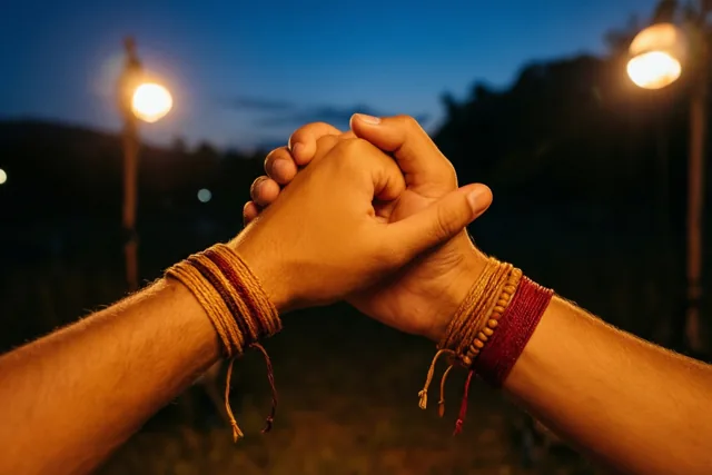 Twee handen met dezelfde vriendschapsarmbandjes houden elkaar vast met verstrengelde vingers, tegen warme straatlichten en een schemerblauwe lucht.