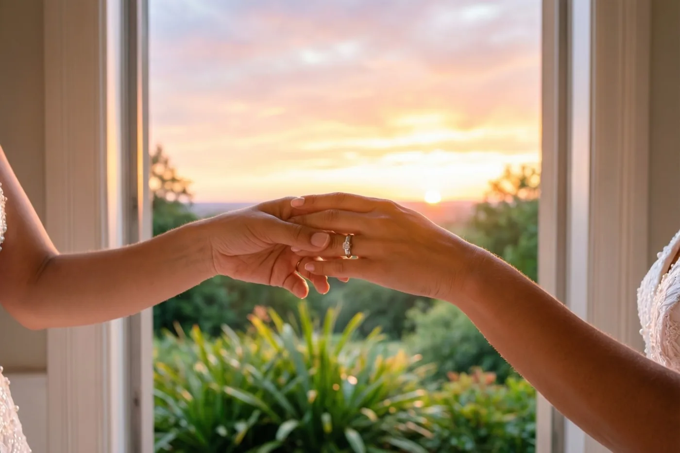 Twee handen grijpen in elkaar voor een raam, met een verlovingsring aan één vinger en een oranje-roze zonsondergang op de achtergrond.