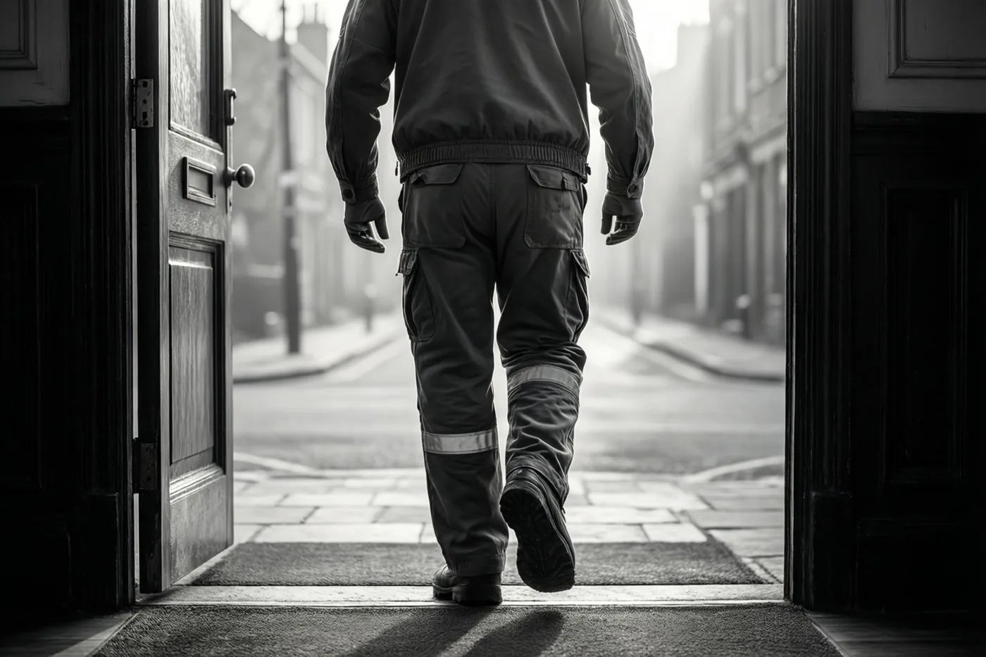 Een persoon in werkkledij stapt met de rug naar de kijker door een voordeur naar een rustige straat bij zonsopgang, in zwart-wit.