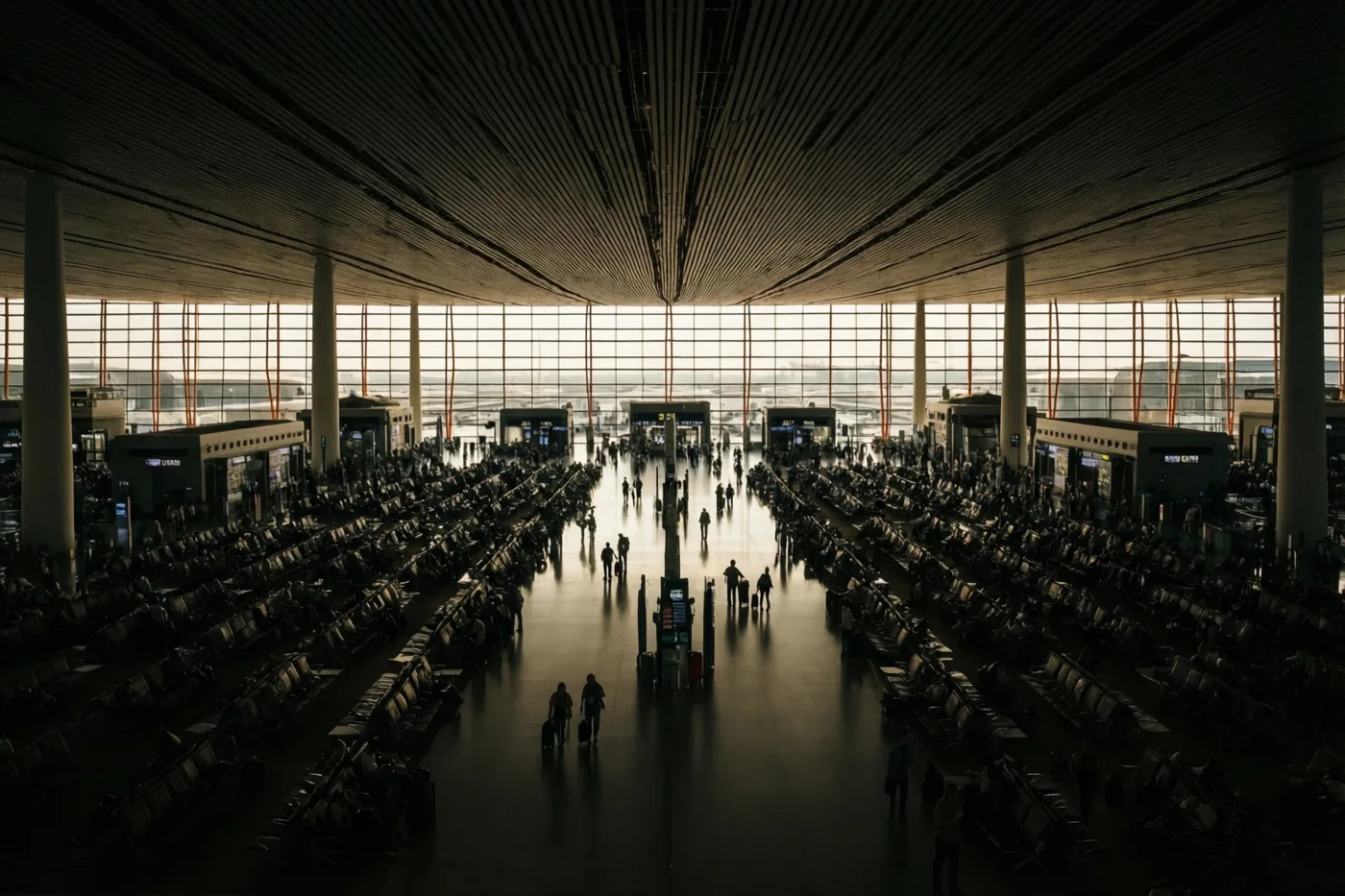 Van bovenaf is een donkere vertrekhal van een luchthaven te zien met rijen stoelen, enkele lopende reizigers en fel nevelig licht door de grote ramen achteraan.