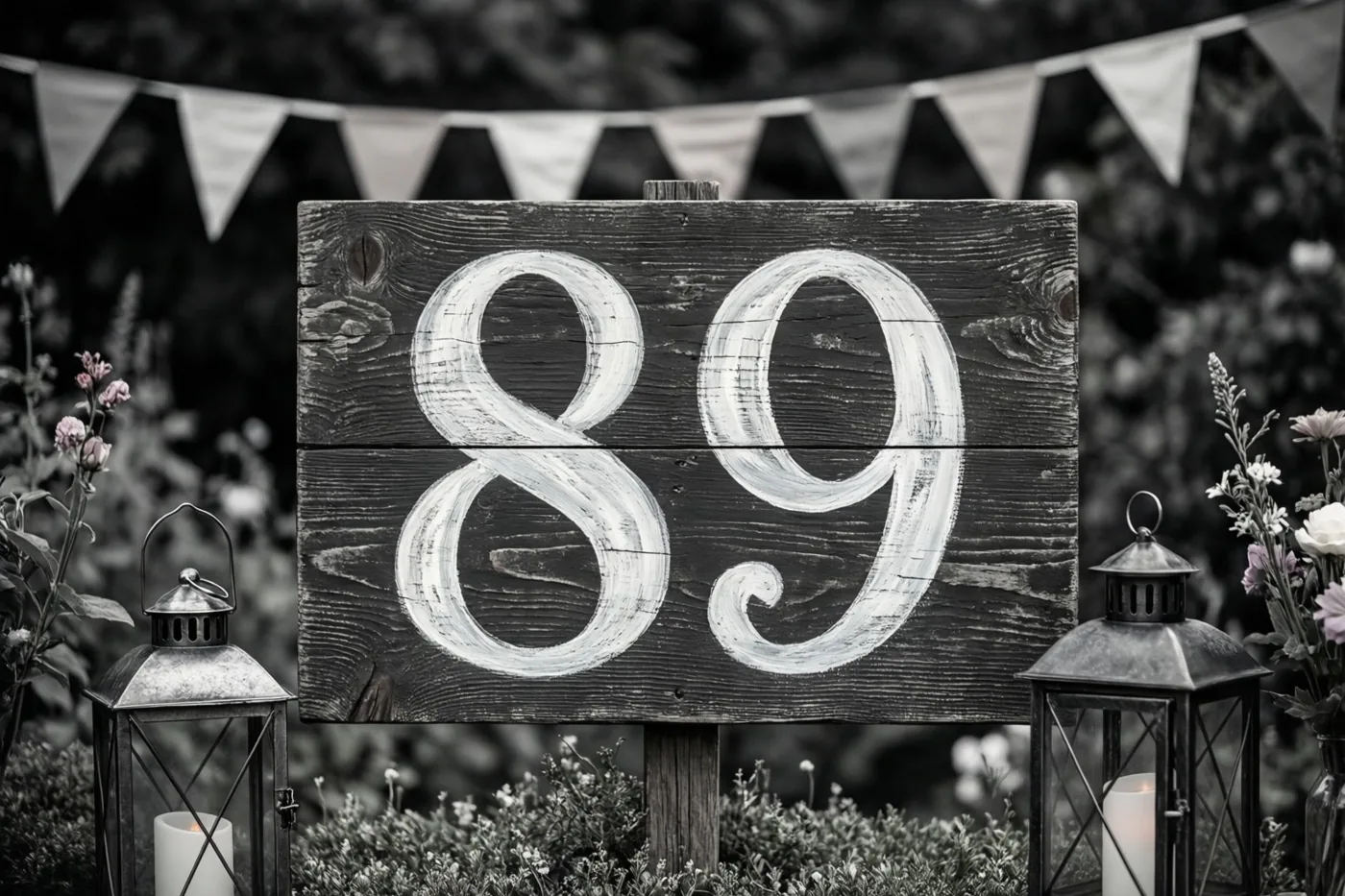 Een zwart-witfoto toont een verweerd houten bord met 89 in witte verf in een tuin met vlaggenlijnen en lantaarns.
