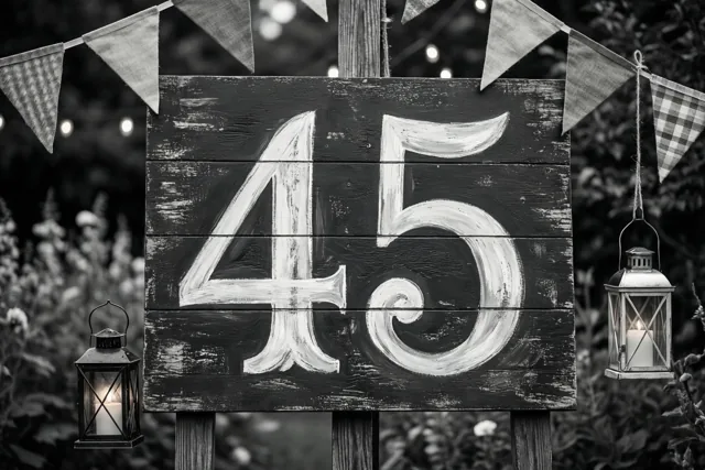 Een zwart-witfoto toont een verweerd houten bord met 45 in witte verf in een tuin met vlaggetjes en lantaarns.