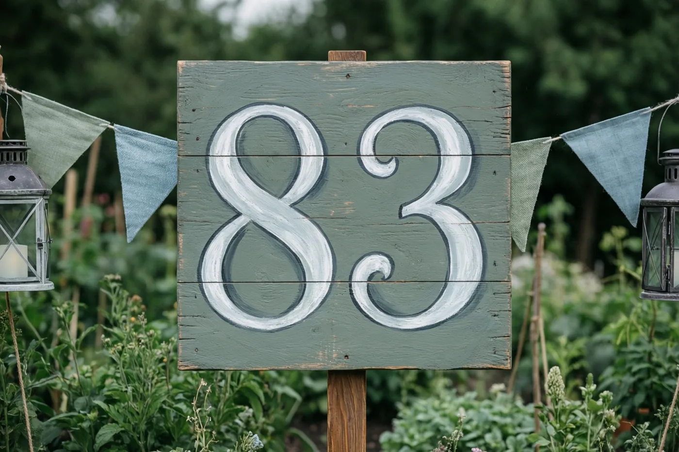 Een verweerd houten bord met 83 in witte verf staat in een tuin tussen blauwe en groene vlaggetjes en hangende lantaarns.