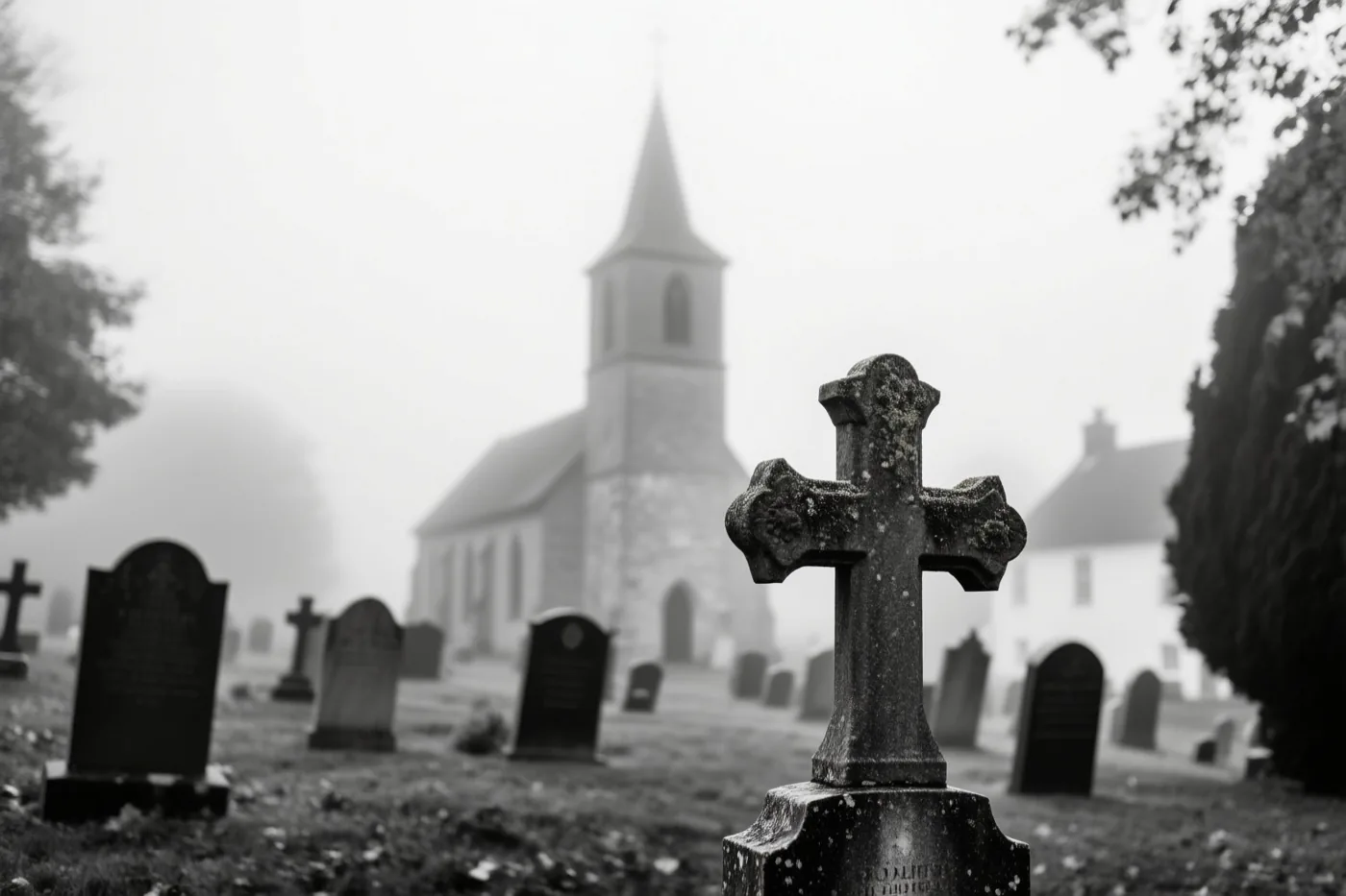 Een verweerd stenen kruis staat van dichtbij in beeld op een kerkhof, met een kerktoren in de mistige achtergrond, alles in één kleurtoon.
