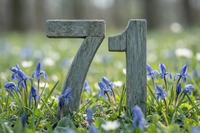 Verweerde houten cijfers 7 en 1 staan in een zonnige grasweide vol kleine blauwe lentebloemen.