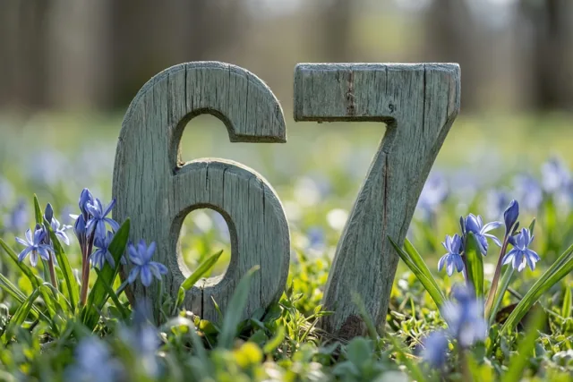 Een verweerde houten 6 en 7 staan rechtop in een zonnige grasweide met kleine blauwe bloemen en een zachte, onscherpe achtergrond.