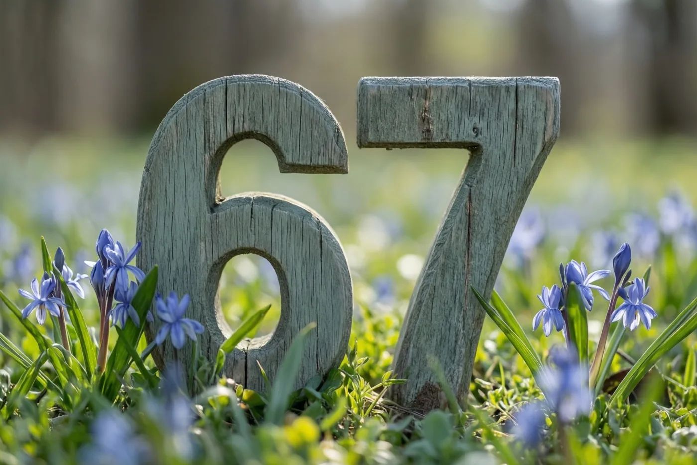 Een verweerde houten 6 en 7 staan rechtop in een zonnige grasweide met kleine blauwe bloemen en een zachte, onscherpe achtergrond.