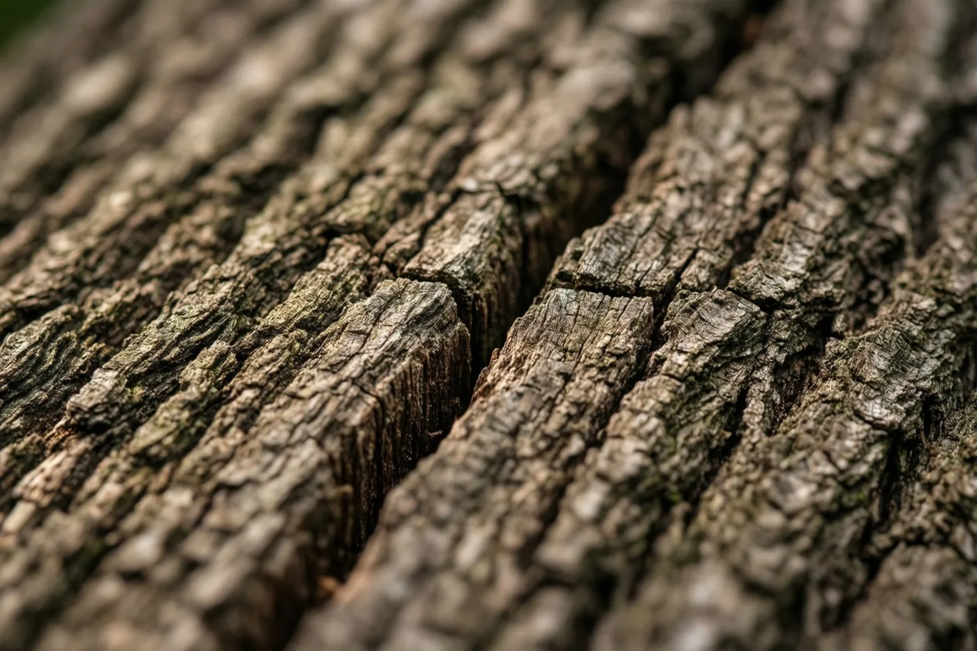 Een detailbeeld toont ruwe, verweerde eikenschors met een opvallende verticale barst in bruine en grijze tinten.