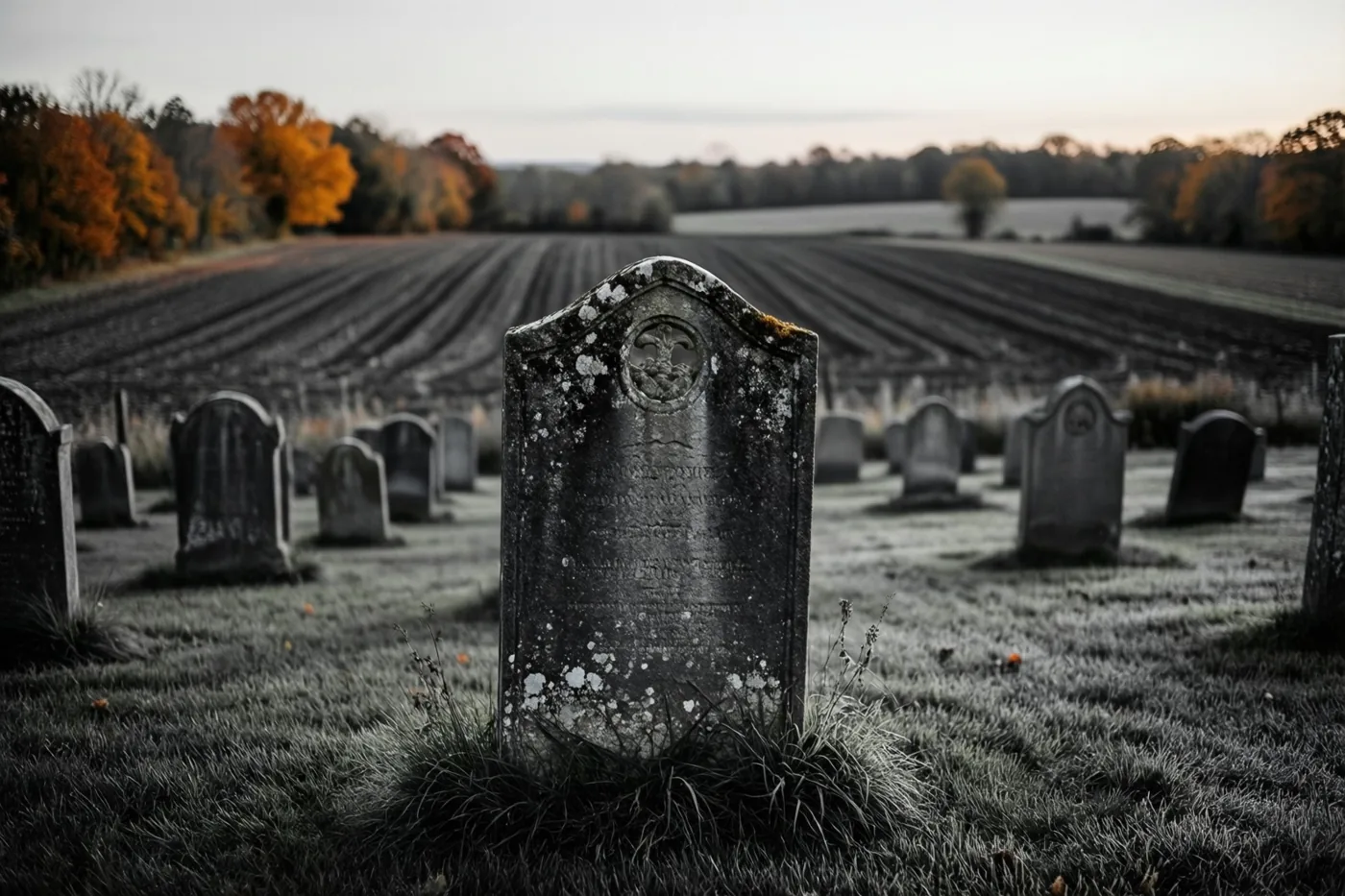 Een verweerde grafsteen staat vooraan op een landelijk kerkhof tussen rijen andere grafstenen, met omgeploegde herfstakkers in de verte onder een bleke avondhemel.