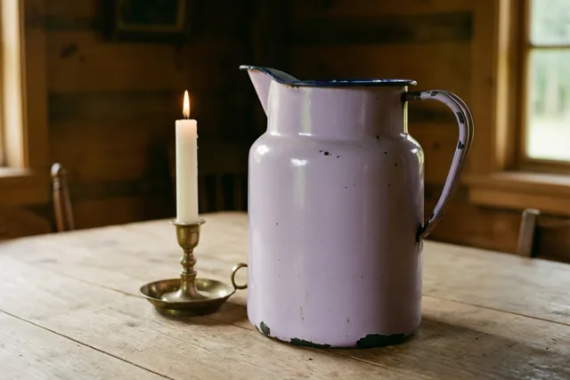 Een lila geëmailleerde kan met afgeschilferde verf staat naast een brandende communiekaars in een messing houder op een houten boerentafel in warm licht.