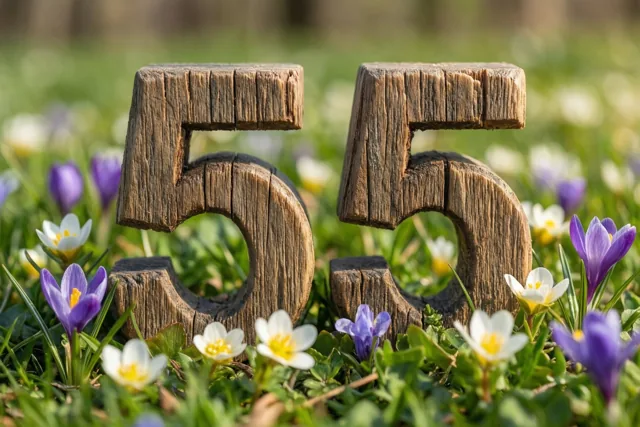 Twee verweerde houten vijven staan rechtop in een grasweide met bloeiende lentebloemen in fel zonlicht.