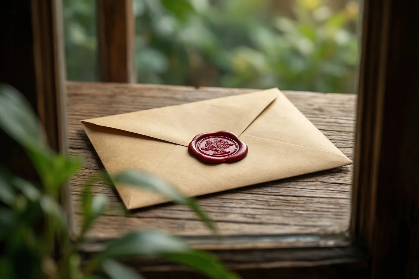 Een bruine envelop met een rood lakzegel ligt op een houten vensterbank, met een houten raamkader en onscherp groen buiten en op de voorgrond.