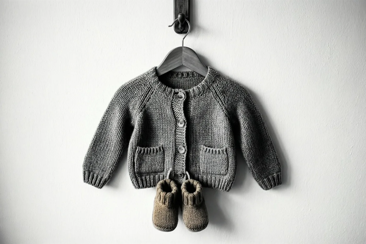 Een klein gebreid vestje en bijpassende slofjes hangen aan een houten kleerhanger tegen een witte muur, in gedempte grijze en beige tinten.