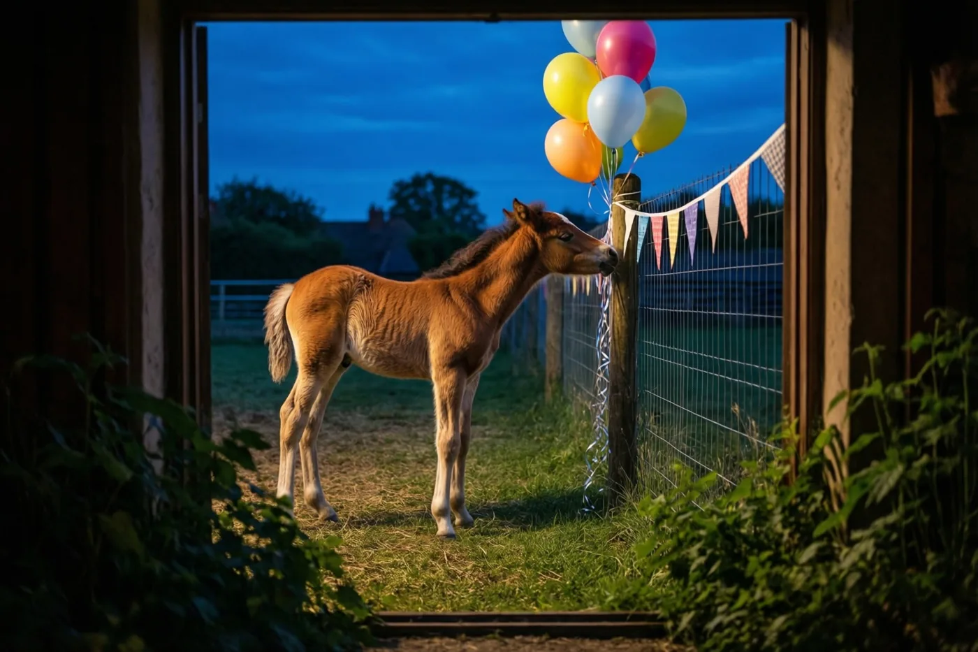 Door een houten deuropening zie je een veulen in een paddock aan ballonnen bij een versierde omheiningspaal snuffelen, in warm licht onder een diepblauwe schemerlucht.