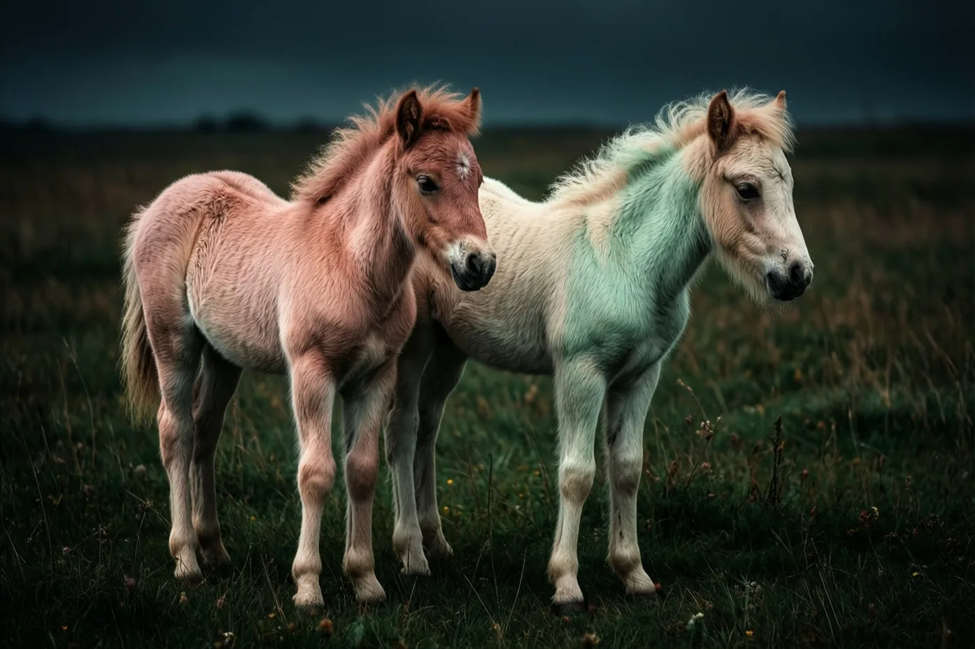 Twee veulens staan naast elkaar in een graswei onder een donkere lucht, in aardetinten en gedempte groentinten.