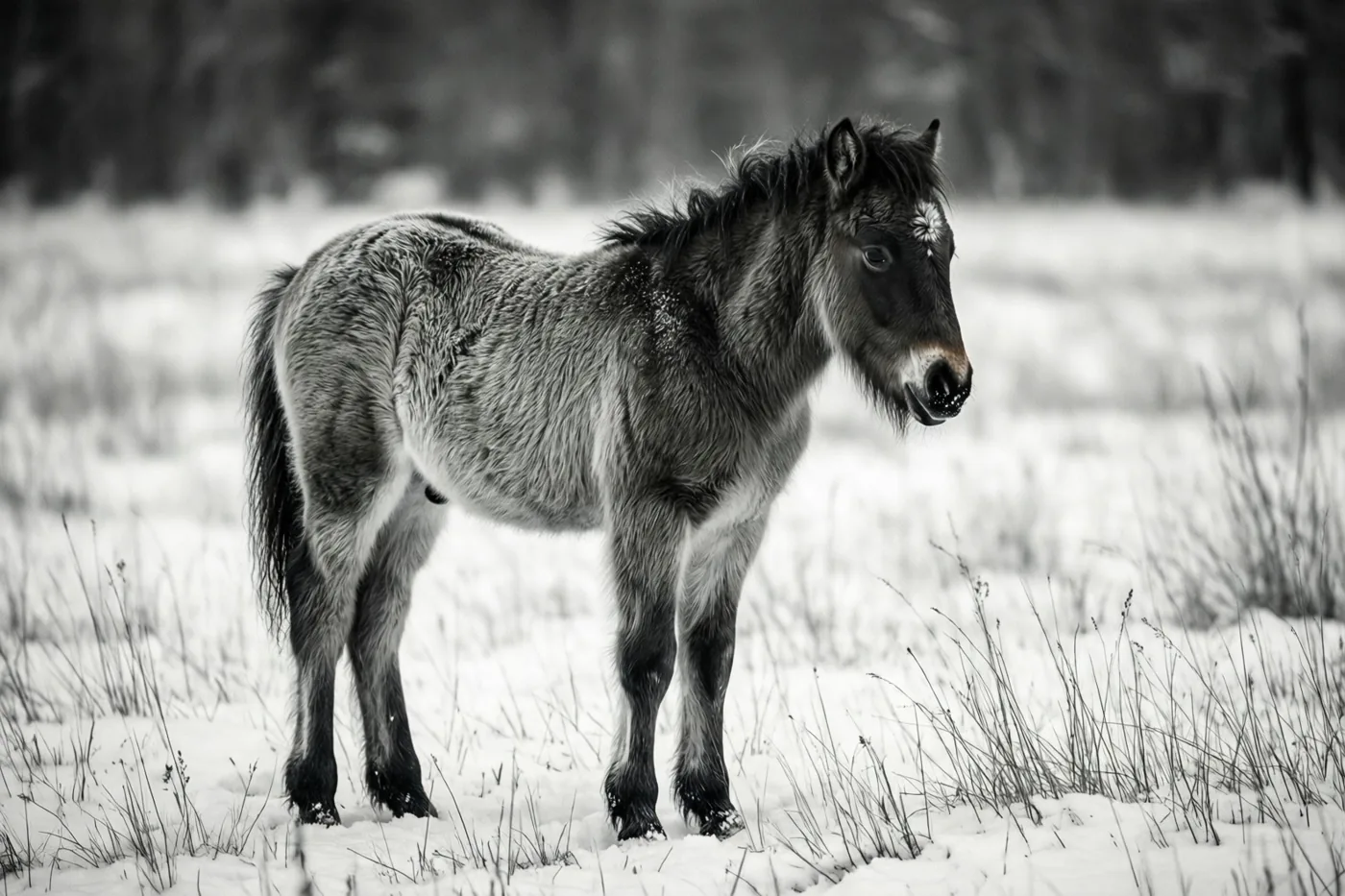 Een klein veulen met een dikke, pluizige wintervacht staat tussen besneeuwde grassen in een witte weide op een zwart-witbeeld.