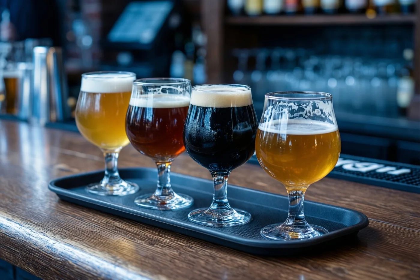Vier glazen bier van lichtgoud tot zwart staan op een zwart dienblad op een houten toog in een gedempt verlicht café.