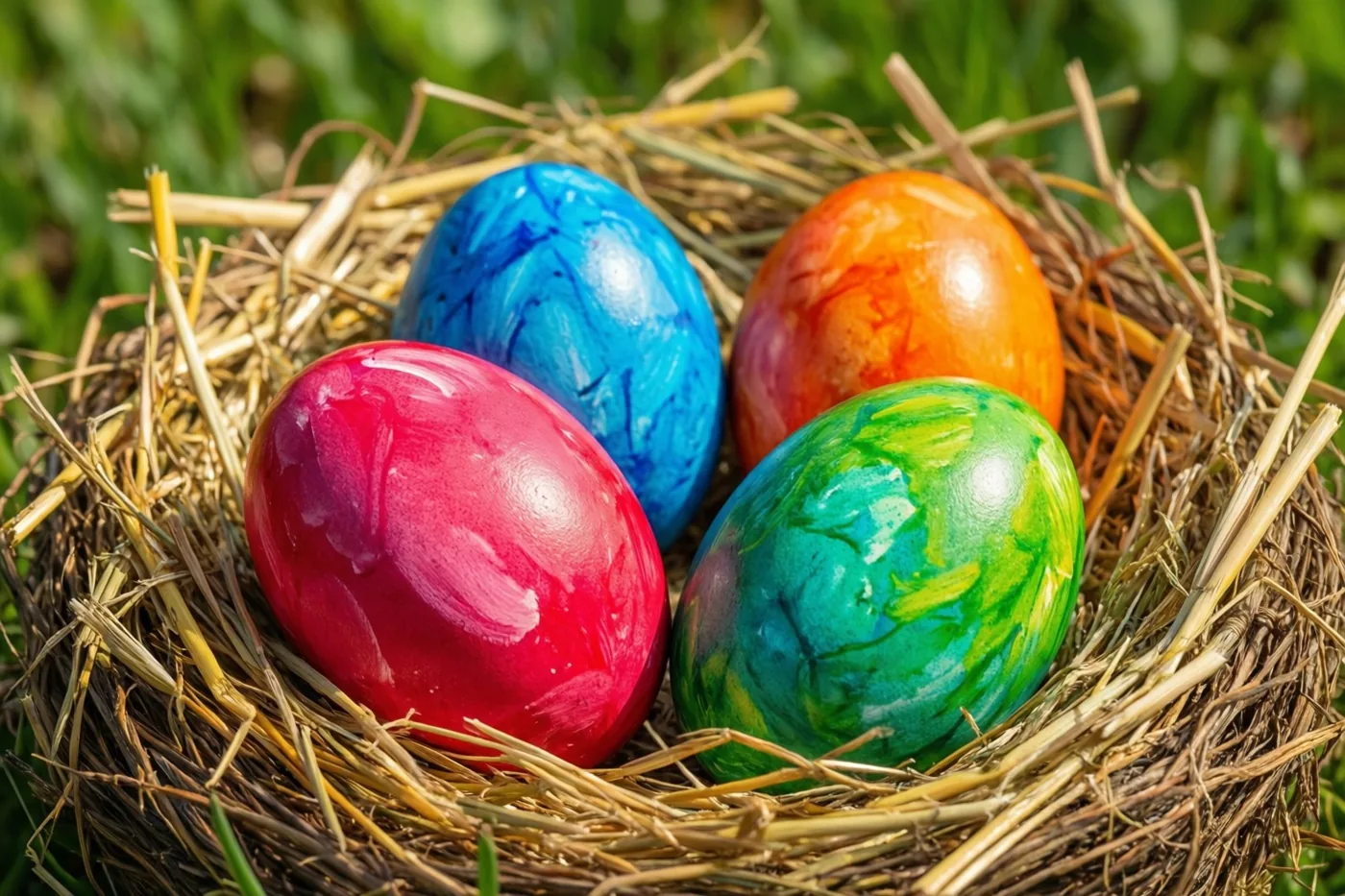 Vier felbeschilderde eieren in rood, blauw, oranje en groen liggen in een mand met stro tegen een achtergrond van gras.